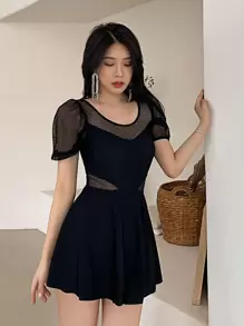 2packs Contrast Mesh One Piece Swimsuit With Skirt Summer - Black - View 1