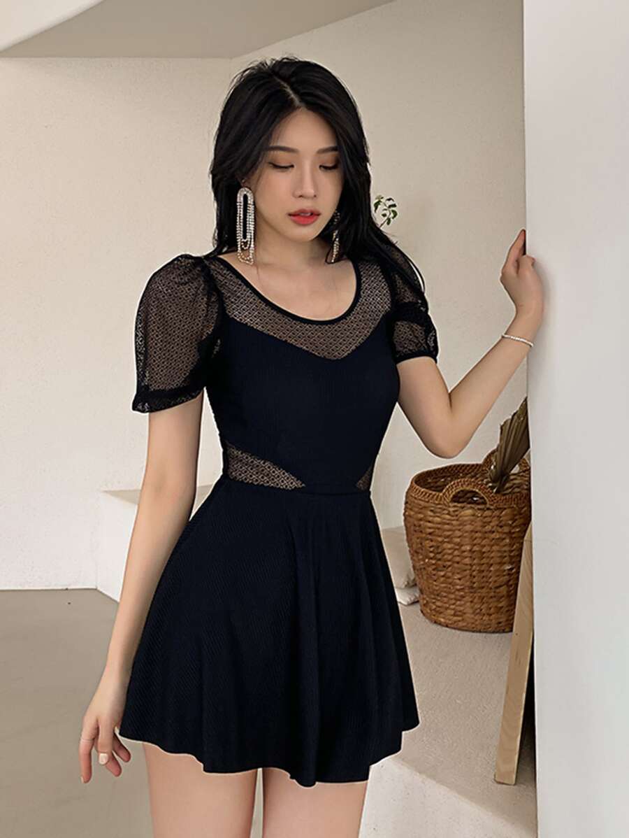 2packs Contrast Mesh One Piece Swimsuit With Skirt Summer - Black - View 1