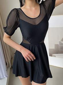 2packs Contrast Mesh One Piece Swimsuit With Skirt Summer - Black - View 3