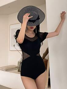 2packs Contrast Mesh One Piece Swimsuit With Skirt Summer - Black - View 5