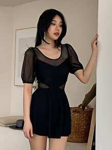 2packs Contrast Mesh One Piece Swimsuit With Skirt Summer - Black - View 6