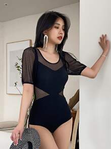 2packs Contrast Mesh One Piece Swimsuit With Skirt Summer - Black - View 7