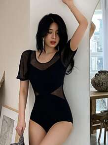2packs Contrast Mesh One Piece Swimsuit With Skirt Summer - Black - View 8
