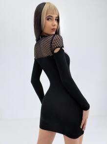 ROMWE PUNK Đầm Tương phản Mesh Cắt ra cắt màu trơn Gợi cảm - màu đen - Xem 2