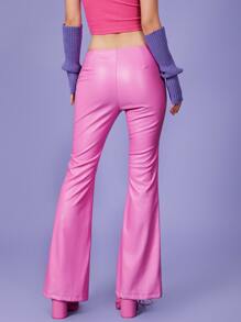 SHEIN ICON 90s Lace Up Detail Flare Leg PU Leather Trousers - Hot Pink - View 3