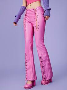 SHEIN ICON 90s Lace Up Detail Flare Leg PU Leather Trousers - Hot Pink - View 5
