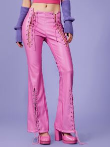 SHEIN ICON 90s Lace Up Detail Flare Leg PU Leather Trousers - Hot Pink - View 1