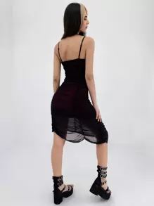 ROMWE PUNK Lace Up Front Ruched Cami Dress - Black - View 2
