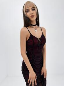 ROMWE PUNK Lace Up Front Ruched Cami Dress - Black - View 3