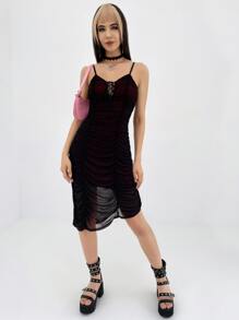 ROMWE PUNK Lace Up Front Ruched Cami Dress - Black - View 4