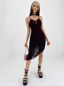 ROMWE PUNK Lace Up Front Ruched Cami Dress - Black - View 5