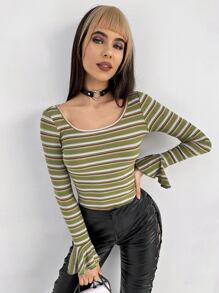 SHEIN 條紋圖案荷葉袖T恤 - 彩色 - 查看 1