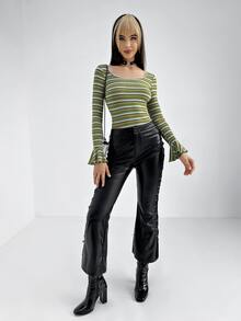 SHEIN 條紋圖案荷葉袖T恤 - 彩色 - 查看 3