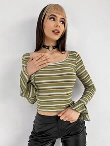 SHEIN 條紋圖案荷葉袖T恤 - 彩色 - 查看 4