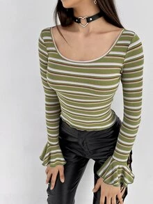 SHEIN 條紋圖案荷葉袖T恤 - 彩色 - 查看 5