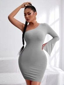 SHEIN SXY One Shoulder Split Cuff Bodycon Dress - Light Grey - View 4