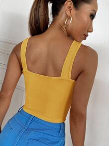 SHEIN Essnce Cổ v Áo vest đan có gân , Thích hợp Cho mùa hè - Màu Mù tạt vàng - Xem 2