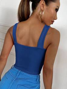 SHEIN Essnce V Neck Rib-Knit Crop Tank Top, Suitable For Summer - Blue - View 2