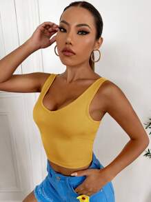 SHEIN Essnce Cổ v Áo vest đan có gân , Thích hợp Cho mùa hè - Màu Mù tạt vàng - Xem 3