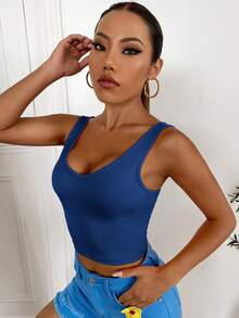 SHEIN Essnce V Neck Rib-Knit Crop Tank Top, Suitable For Summer - Blue - View 3
