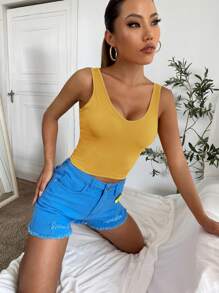 SHEIN Essnce Cổ v Áo vest đan có gân , Thích hợp Cho mùa hè - Màu Mù tạt vàng - Xem 4