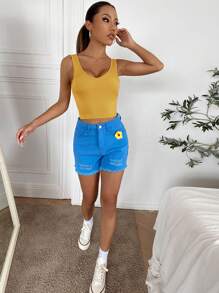 SHEIN Essnce Cổ v Áo vest đan có gân , Thích hợp Cho mùa hè - Màu Mù tạt vàng - Xem 5