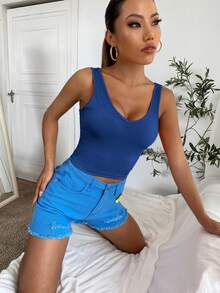 SHEIN Essnce V Neck Rib-Knit Crop Tank Top, Suitable For Summer - Blue - View 5