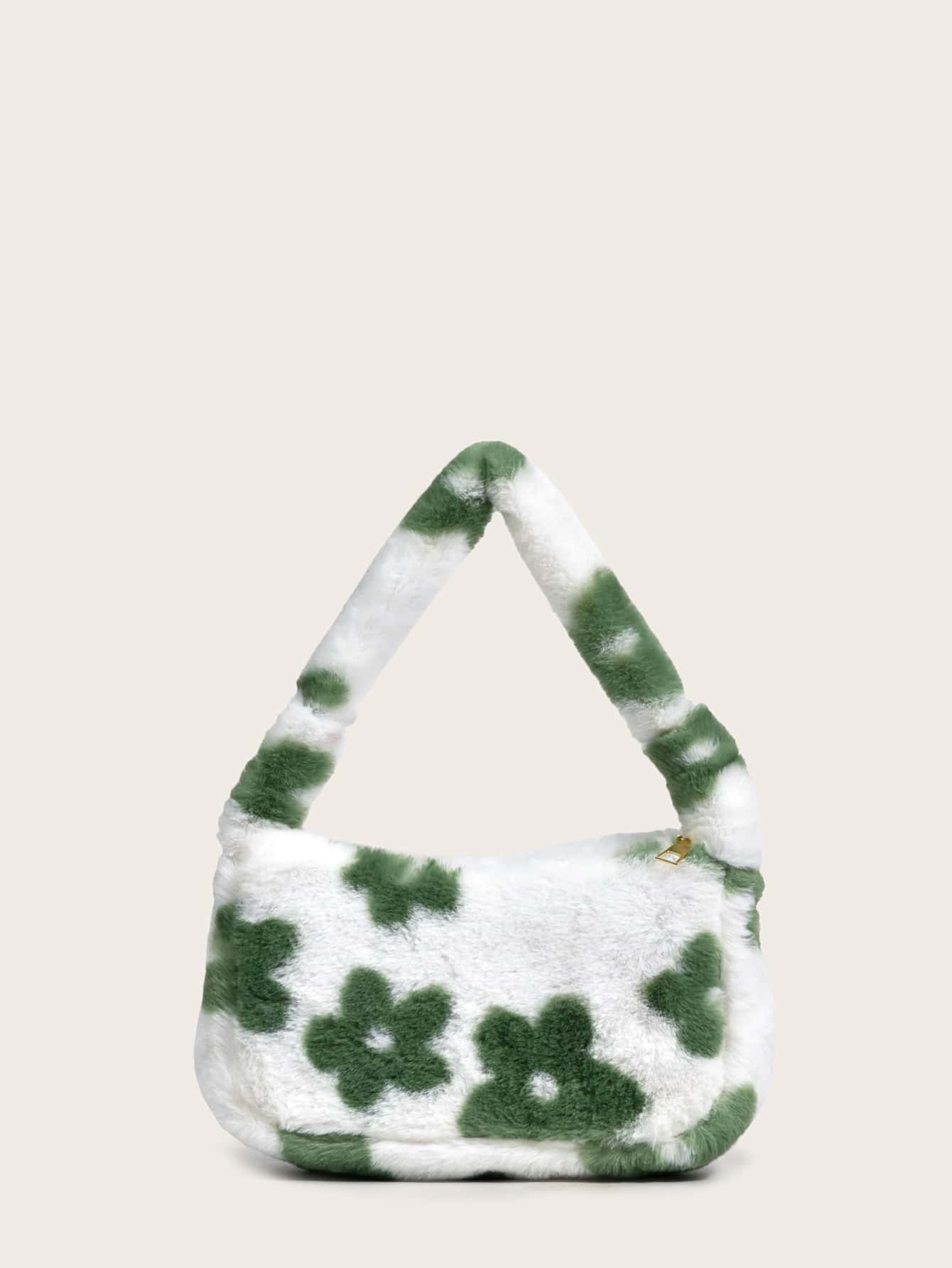 毛絨、柔軟、毛絨、蓬鬆全花圖案蓬鬆法棍包適合女孩、女士、大學生、菜鳥和白領上班、辦公室、通勤、秋冬、暖冬、戶外 - 彩色 - 查看 1