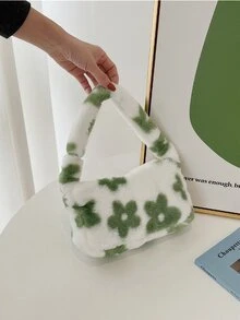 毛絨、柔軟、毛絨、蓬鬆全花圖案蓬鬆法棍包適合女孩、女士、大學生、菜鳥和白領上班、辦公室、通勤、秋冬、暖冬、戶外 - 彩色 - 查看 2