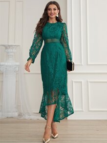 Modelyn Flounce Sleeve Mermaid Hem Guipure Lace Prom Dress - Dark Green - View 1