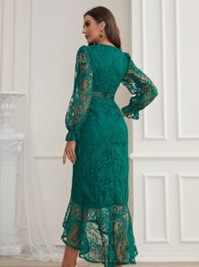 Modelyn Flounce Sleeve Mermaid Hem Guipure Lace Prom Dress - Dark Green - View 2
