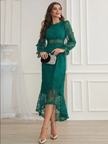 Modelyn Flounce Sleeve Mermaid Hem Guipure Lace Prom Dress - Dark Green - View 3