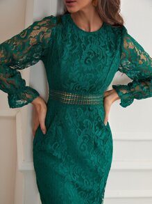 Modelyn Flounce Sleeve Mermaid Hem Guipure Lace Prom Dress - Dark Green - View 5