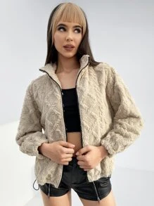 SHEIN 落肩袖拉鏈開襟絨毛外套 - 米色 - 查看 1