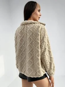 SHEIN 落肩袖拉鏈開襟絨毛外套 - 米色 - 查看 2