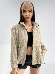 SHEIN 落肩袖拉鏈開襟絨毛外套 - 米色 - 查看 3