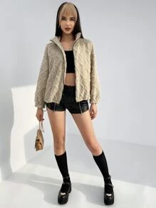 SHEIN 落肩袖拉鏈開襟絨毛外套 - 米色 - 查看 4