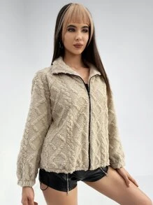 SHEIN 落肩袖拉鏈開襟絨毛外套 - 米色 - 查看 5
