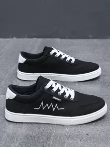 Men Embroidery Detail Lace-up Front Skate Shoes - Black - View 1
