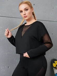 Plus Breathable Fishnet Insert Drop Shoulder Sports Top - Black - View 1