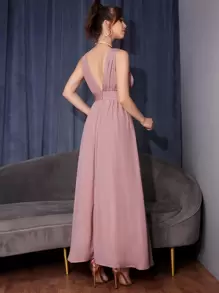 SHEIN Belle Đầm Xù Dây kéo Tách cao màu trơn Gợi cảm - Bụi hồng - Xem 2