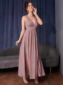 SHEIN Belle Đầm Xù Dây kéo Tách cao màu trơn Gợi cảm - Bụi hồng - Xem 3