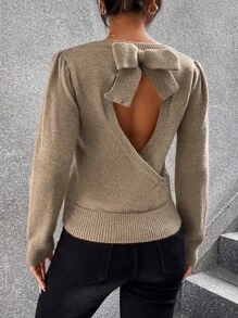 Cut Out Bow Back Sweater - Mocha Brown - View 1
