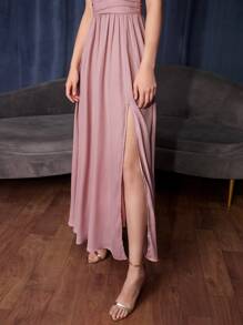 SHEIN Belle Đầm Xù Dây kéo Tách cao màu trơn Gợi cảm - Bụi hồng - Xem 4
