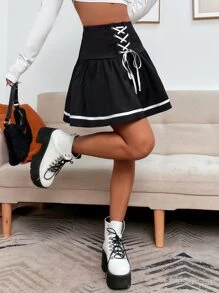 SHEIN PETITE Váy nữ Ren lên Thùa khuyết Ruy băng màu trơn Sẵn sàng - màu đen - Xem 6