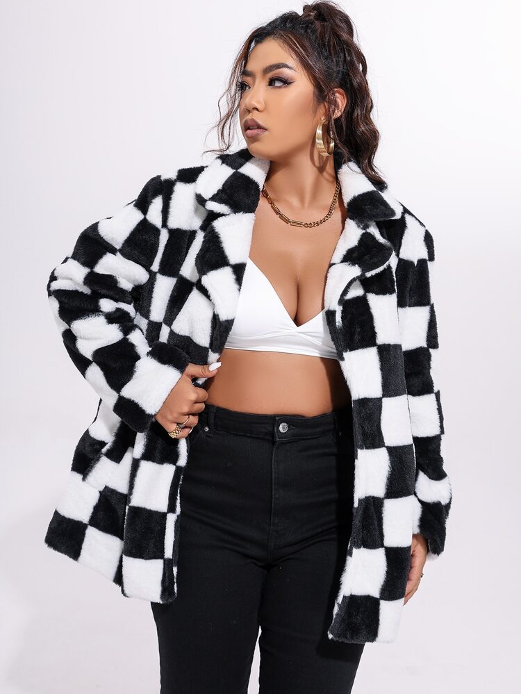 Plus Checkerboard Plaid Teddy Coat - Black and White - View 3