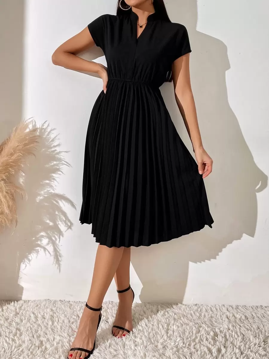 Privé Notched Neckline Pleated Hem Dress