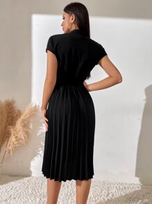 Breezaya Pleated Hem Notched Neckline A-Line Dress Maxi Women Outfit - Black - View 2