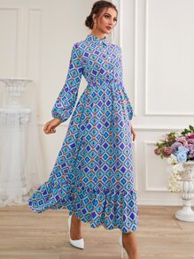 Mulvari 菱形印花燈籠袖荷葉邊腰帶襯衫洋裝