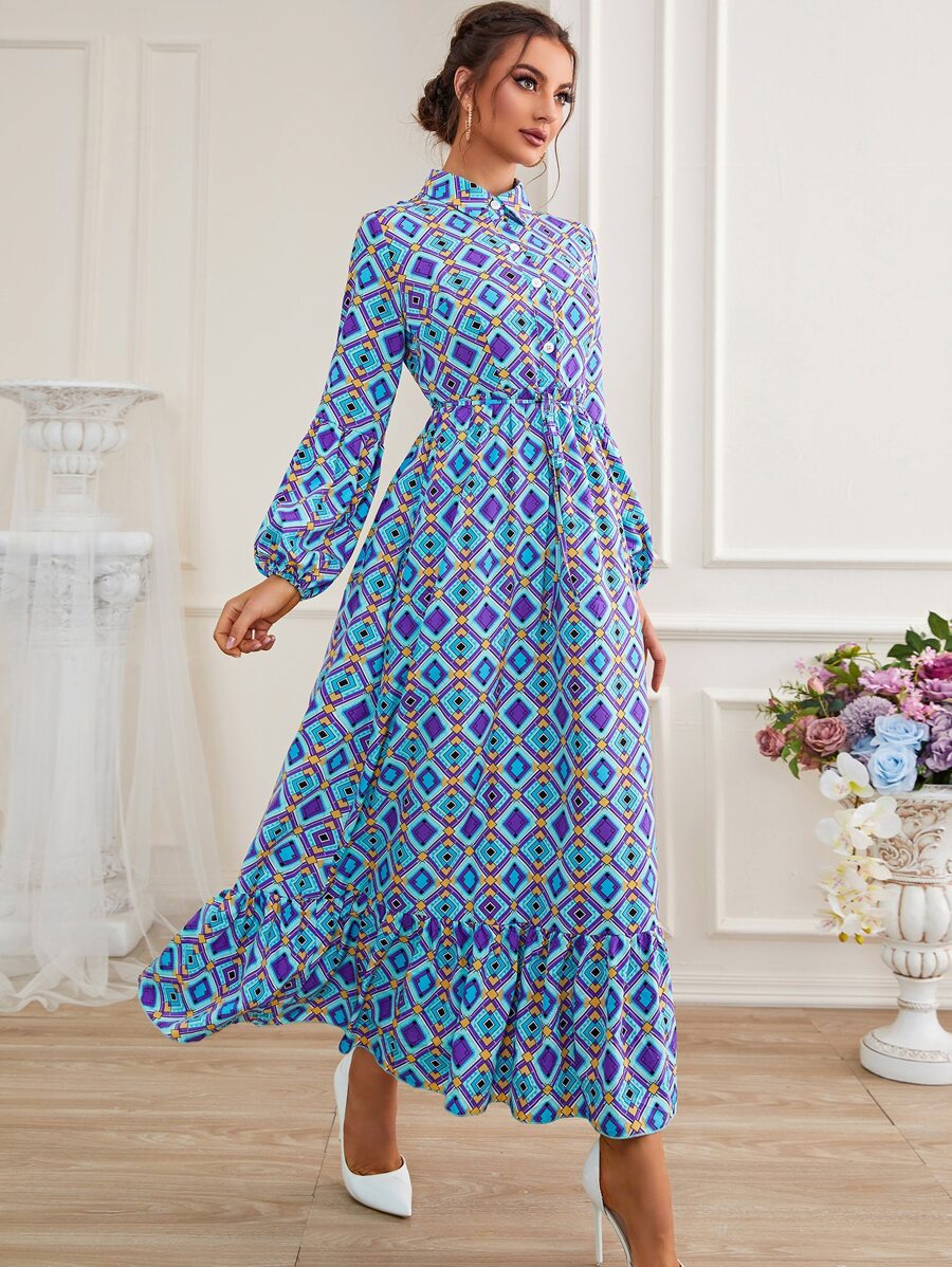 Mulvari 菱形印花燈籠袖荷葉邊腰帶襯衫洋裝